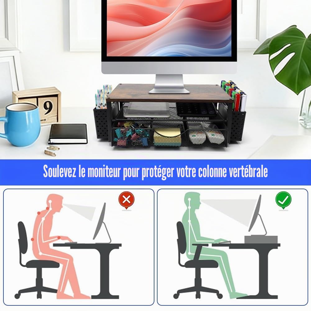 Support de moniteur, organisateur de bureau avec tiroir et 2 porte-stylos, support de rangement, rehausseur d'écran pour bureau, maison