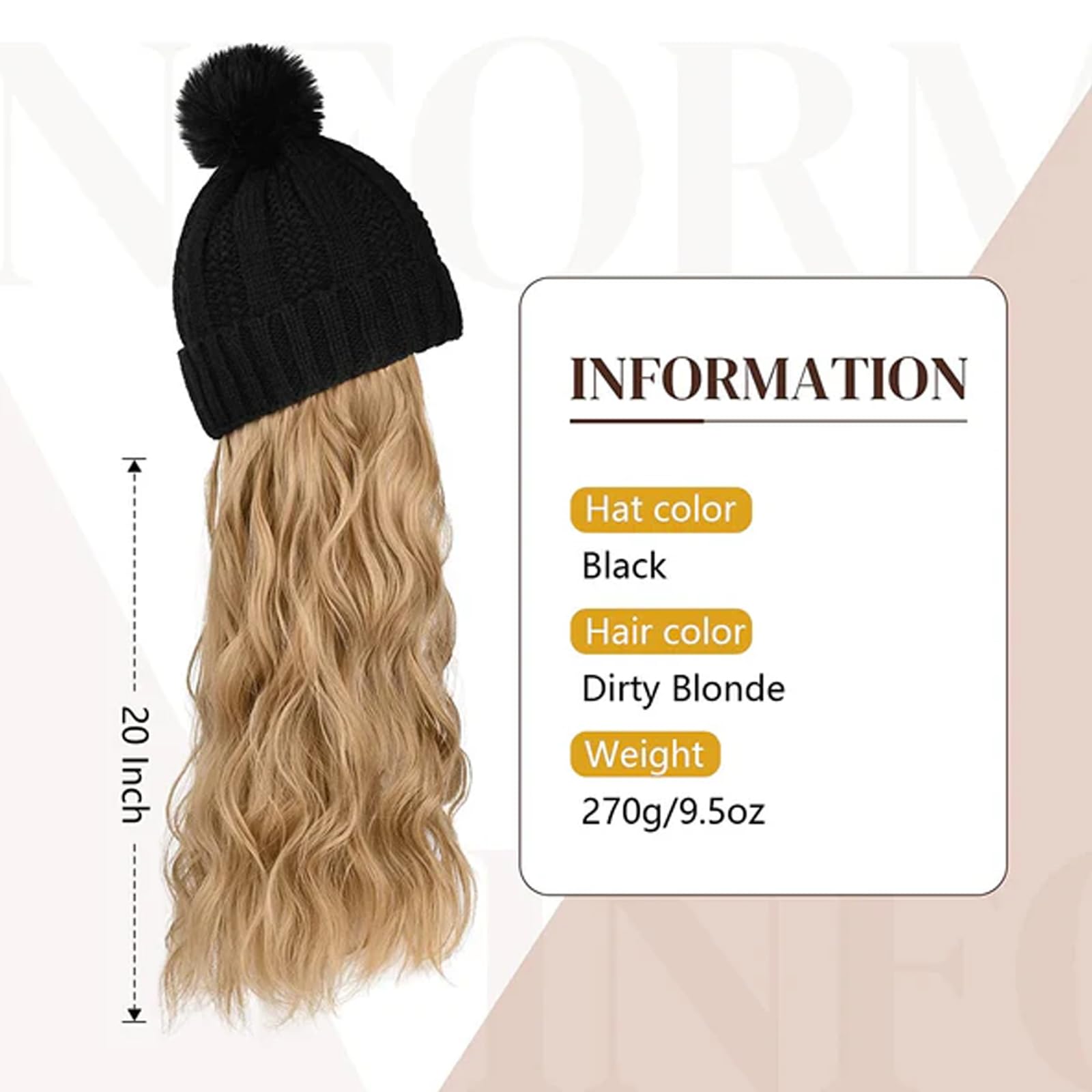 Gorro De Punto con Peluca for Mujer,Gorro De Punto Cálido De Invierno,Gorro De Invierno for Mujer con Peluca Extensiones De Cabello Rizado Ondulado Grande Gorro De Nieve De Esquí De Punto Adjunto Fies