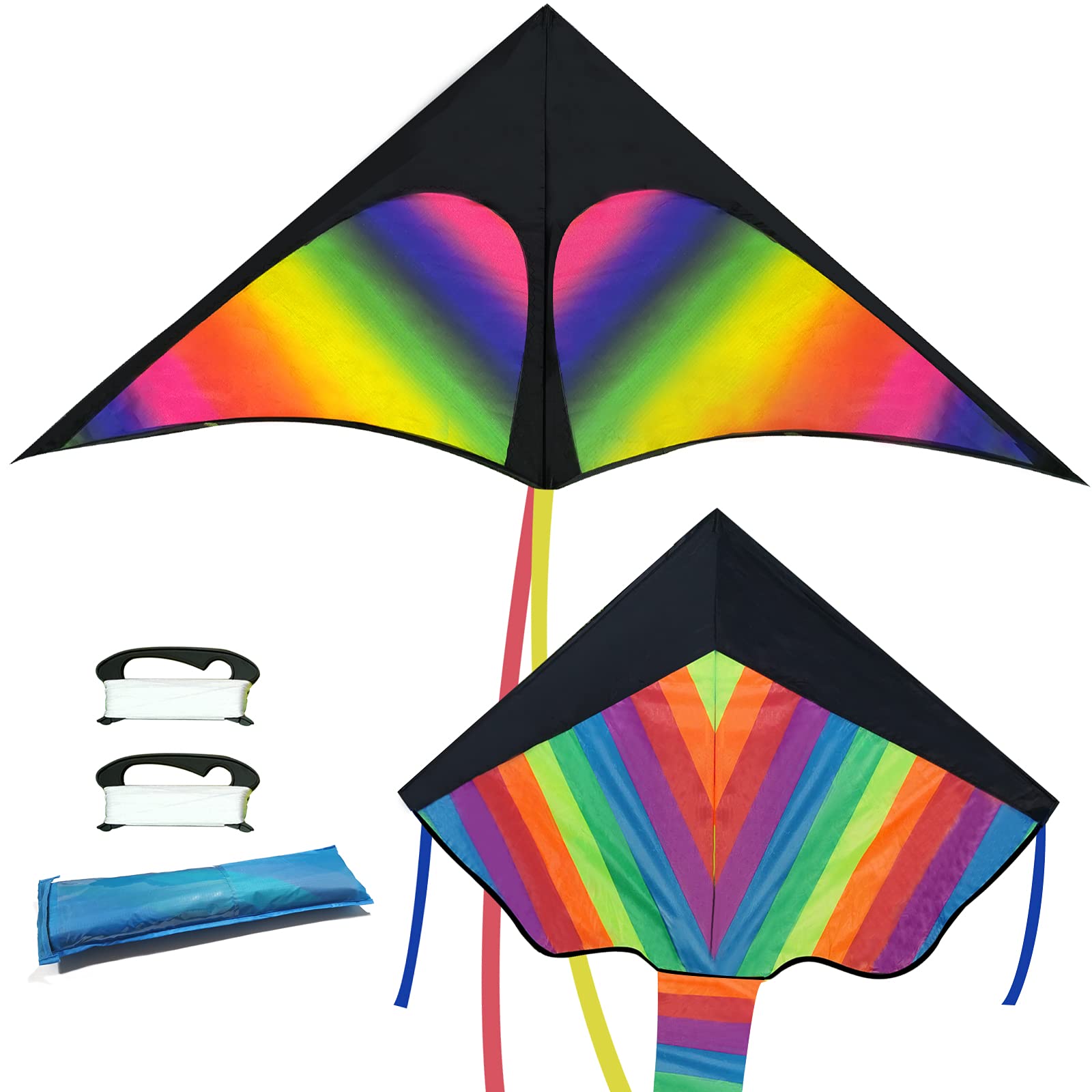 DWIN 2 Pack Large Black Arrows Kite Rainbow Kite for Kids and Adults Easy to Assemble and Fly Outdoor Kite Fun Kite with Long Kite String