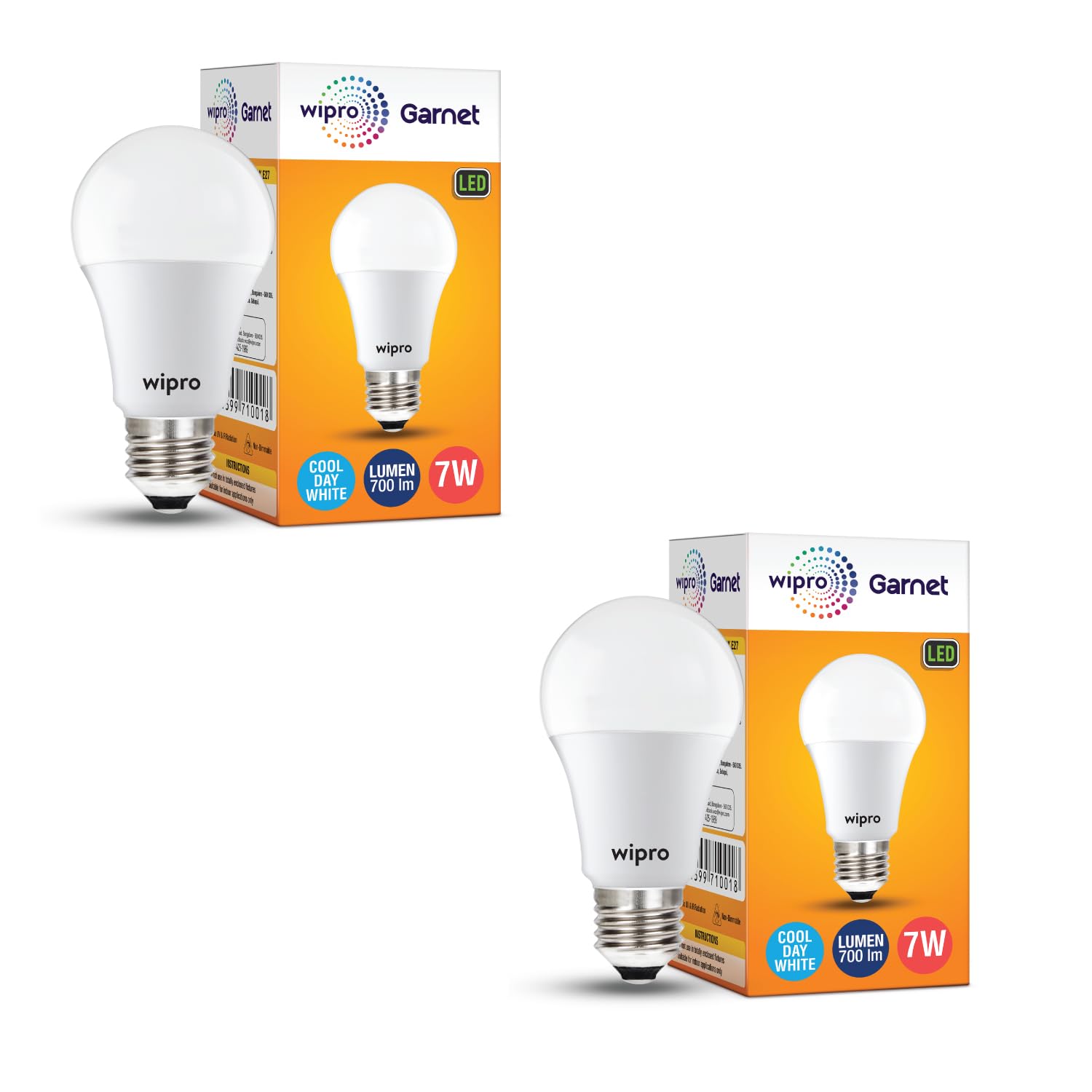 wipro Garnet 7W LED Bulb for Home & Office |Cool Day White (6500K) | E27 Base|220 degree Light coverage |4Kv Surge Protection |400V High Voltage Protection |Energy Efficient | Pack of 2