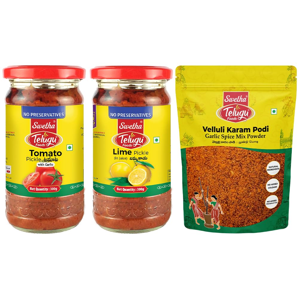 Swetha Telugu Foods Combo of Tomato Pickle 300g, Lemon pickle 300g, Garlic Spice Mix Powder 100g