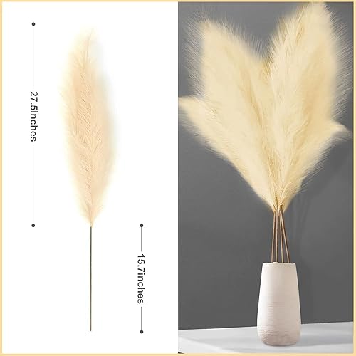 Miniatura 4 de Amidaky Artificial Pampas Grass 43  Faux Pampas Grass Tall Extra Large Fluffy Set of 3 Stems Large Vase Fillerfor Boho Home Wedding Decoration Cream