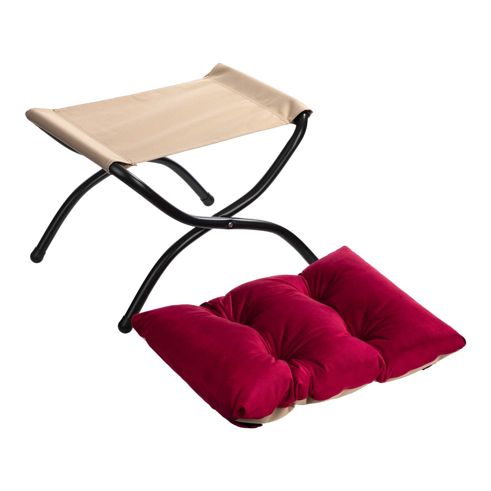 HollyHOME Poggiapiedi Pieghevole con Gambe in Metallo Piccolo Poggiapiedi Divano per Salotto Camera da Letto Balcone Giardino Velluto Ottomano Sedile Moderno, Rosso