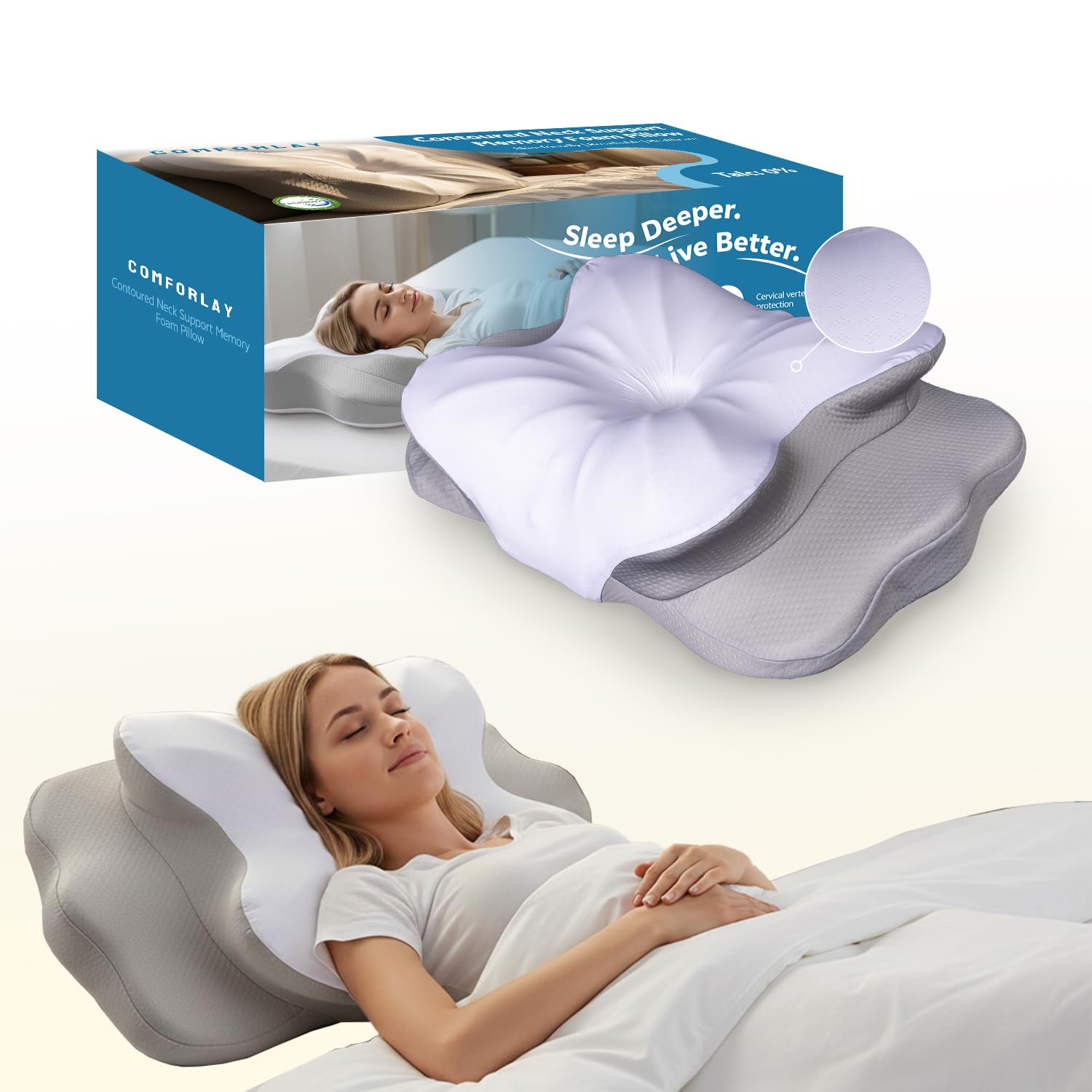 Talc-Free Cervical Memory Foam Pillow for Neck and Shoulder Butterfly-Shaped Ergonomic Breathable Pillow for Side Back Stomach Sleepers