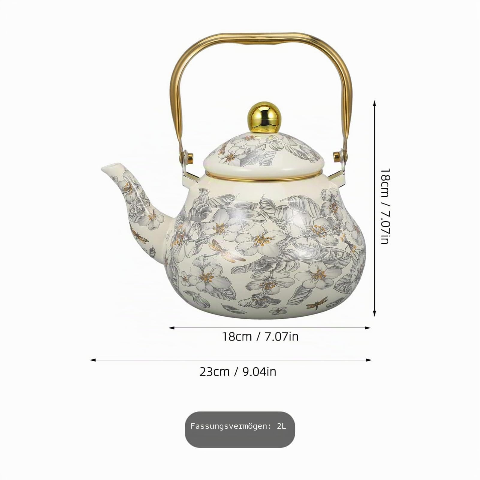 RSBFER Emaillierter Teekessel im Vintage-Stil, Teekanne aus Stahl mit Blumenmuster, Heißwasserkessel für Induktion, Gasherd, Holzofen,1.5L
