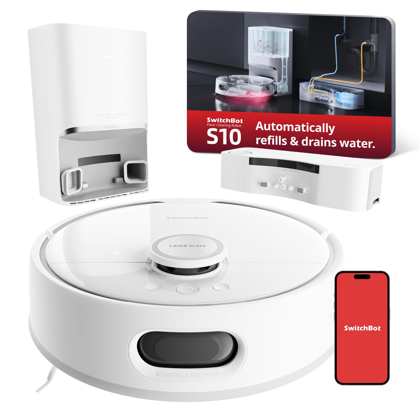 SwitchBot S10 Robot Aspirapolvere con Doppia Stazione, Acqua Riempimento e Drenaggio Automatico, RevoRoll Roller Mop, Mocio Lavaggio/Asciugatura Automatica, Aspirazione 6500Pa, 10 Settimane Auto-vuota
