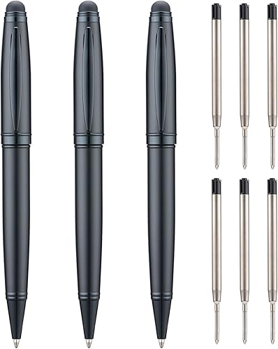 Miniatura 5 de Wikult Juego de 3 bolígrafos negros mate con recambios adicionales, tinta negra de punta media de 0.039 in, bolígrafo de metal de escritura suave