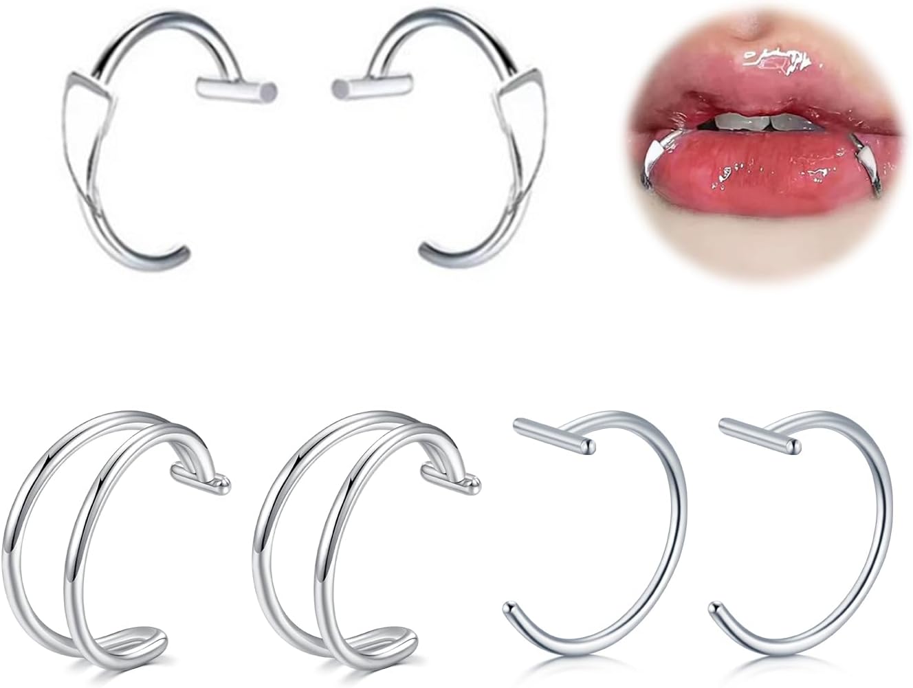 MODRSA Silver Black Fake Lip Piercing Fake Lip Ring Cuffs Clip on Faux Snake Bites Hoops Non Piercings Jewelry Vampire Teeth Fangs for Halloween Jewelry Clip Double Hoop Snakebite Jewelry