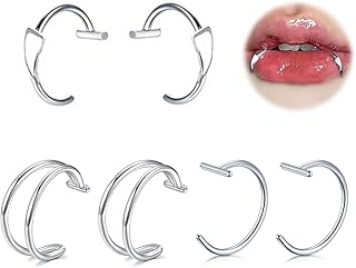 MODRSA Silver Black Fake Lip Piercing Fake Lip Ring Cuffs Clip on Faux Snake Bites Hoops non Piercings Jewelry Vampire Teeth Fangs for Halloween Jewelry Clip Double Hoop Snakebite Jewelry