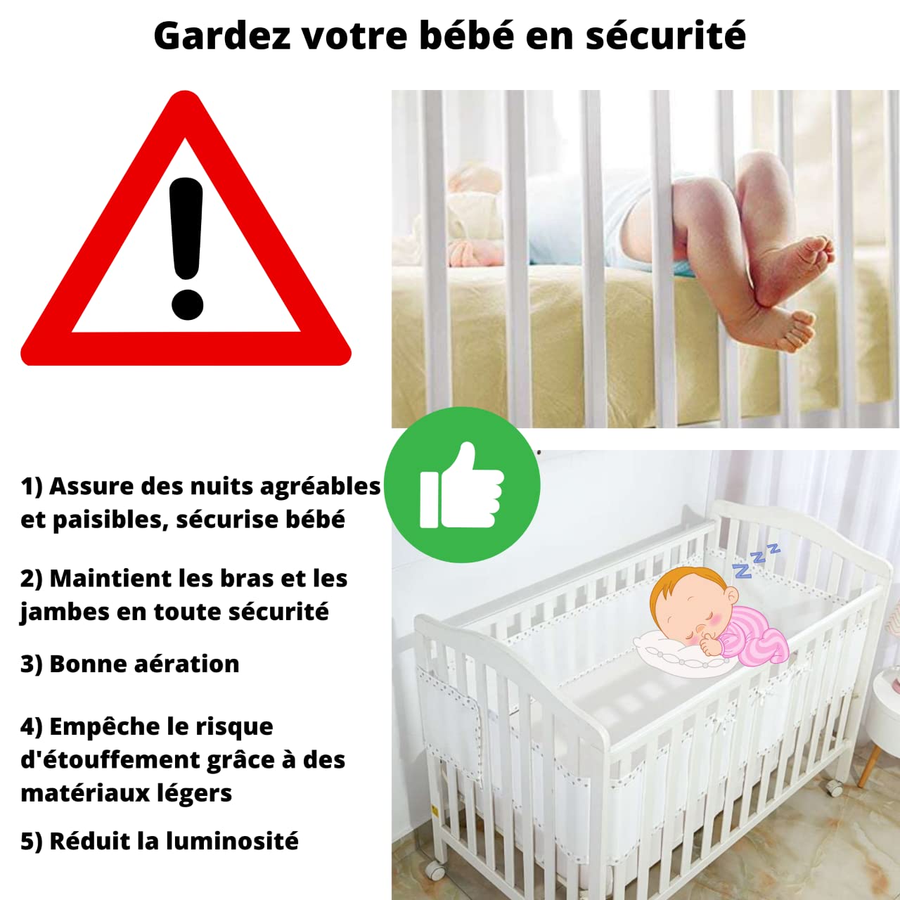 Tour de lit bébé/Lot de 2 pour lit bébé 60x120cm ou 70x140 cm/Protection de lit bébé avec Une visibilité maximale/Contour de lit bébé/Doublure de Berceau en Maille/Tour de lit Respirant