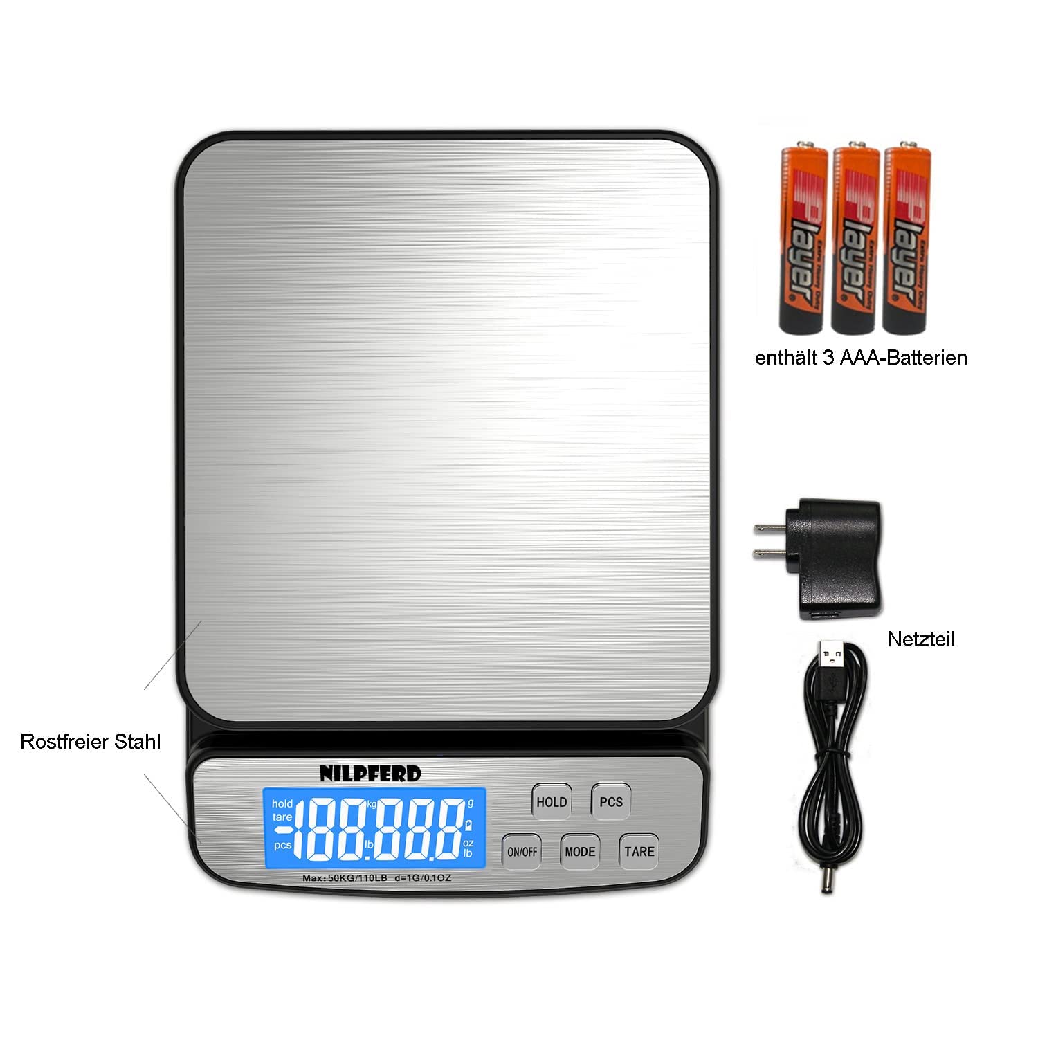 Nilpferd Bilancia digitale per pacchi fino a 50 kg, bilancia postale, bilancia da lettere, bilancia per tutti gli scopi (casa, ufficio, precisione grammatica, batterie incluse (argento)