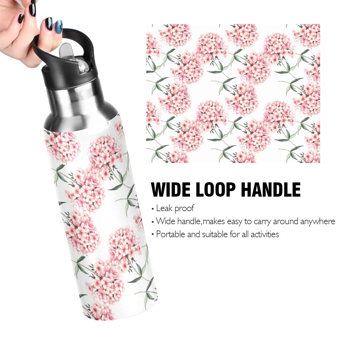 Edelstahl-Wasserflasche mit Strohhalm, Aquarell Oleander Pfirsichblüte Blume Isolierte Trinkflasche Sport Wasserflasche für Kinder Erwachsene, auslaufsicher, 1 l