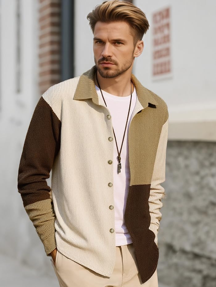 ZAFUL Men's Corduroy Shirt – Colorblock Long Sleeve Button Up Fall Casual Shirt2