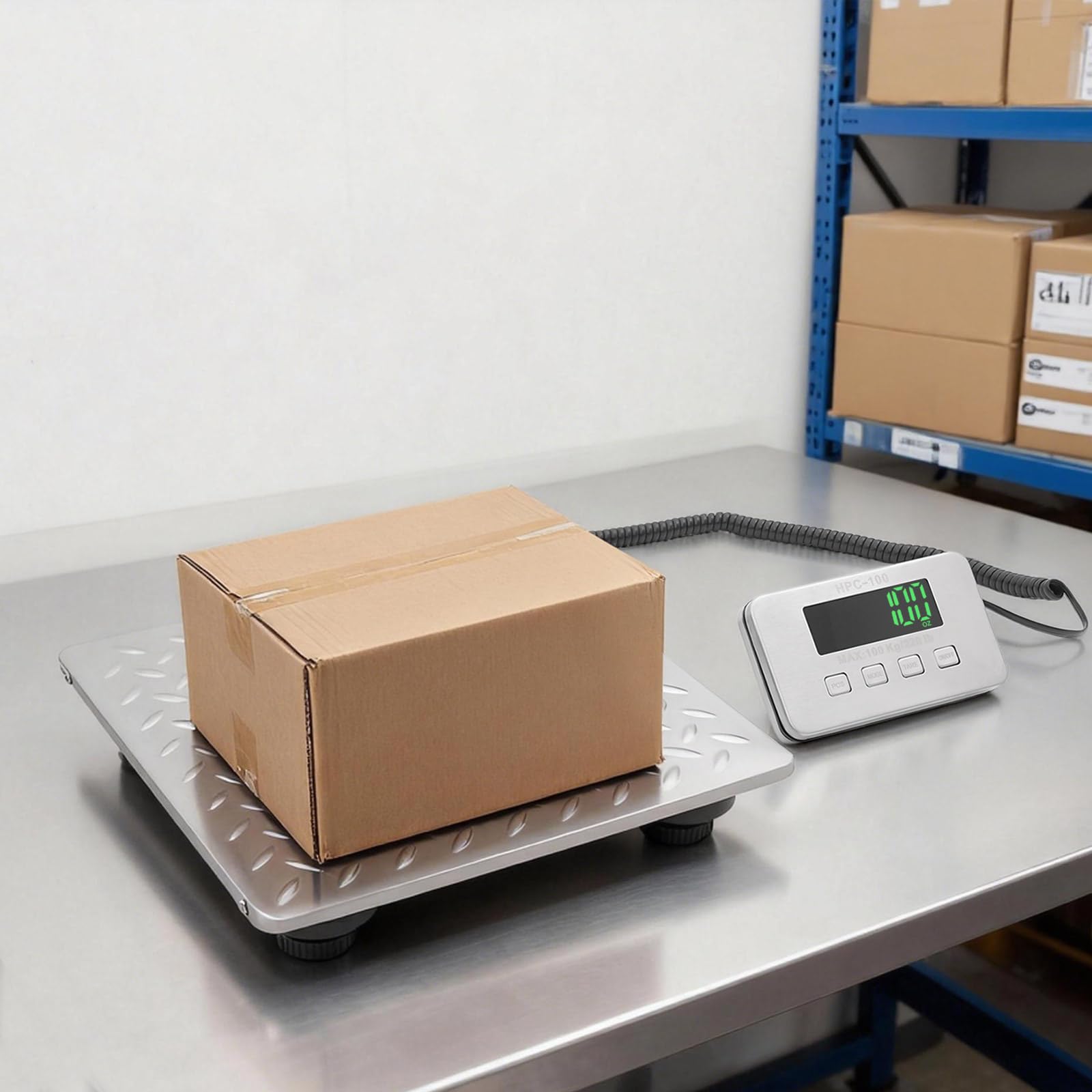 Digitale Paketwaage 100kg/220lbs Edelstahl LED Display，Tara Funktion Einheitenumschaltung Automatische Verriegelung，Wiederaufladbar Paketwaage für Logistik Lager Haushalt Büro Tiergewicht