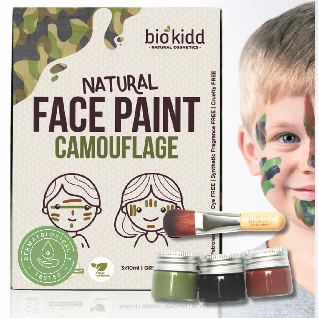 Natural Face and Body Paint Army Camouflage Washable Cream Kit - Face Painting Set for Kids and Adults- 3 Colours (Green, Brown, Black)