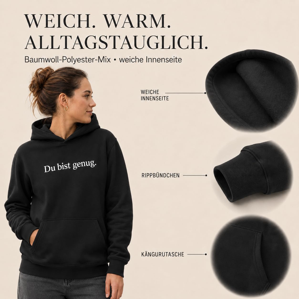 Du bist genug Hoodie Unisex - Kapuzenpullover mit Motivationsspruch Pullover Damen Herren