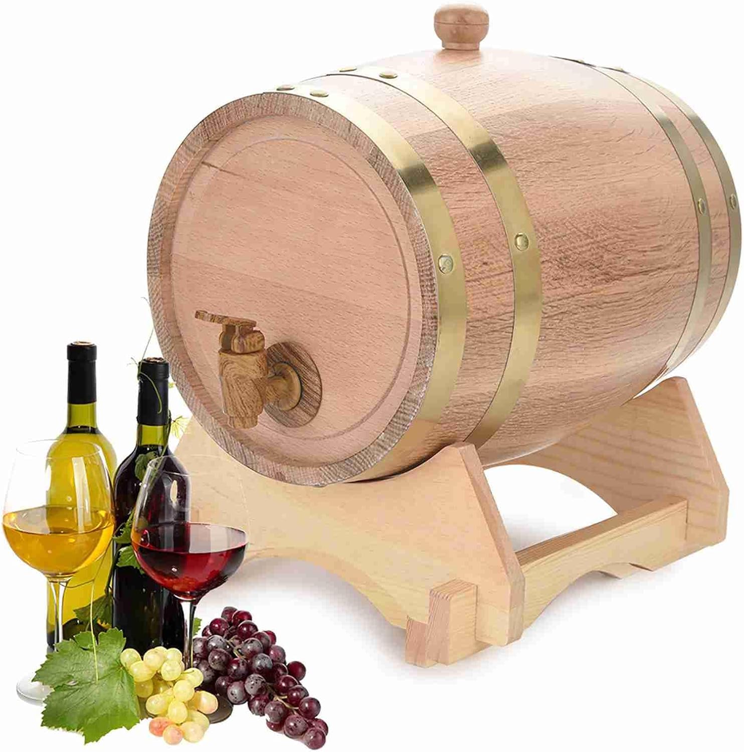 Wooden Oak Wine Barrels, 1.5 3 5 10 Liter Capacity Handmade Barrels with Easy to Dispense Plastic Tap, for Whiskey Brandy Tequila Storage (5L)