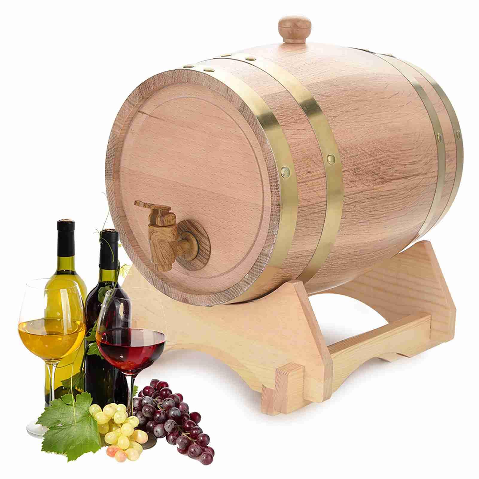 Vino in legno di quercia vintage, rovere artigianale per birra, whisky, rum, porto, capacità 1,5 l 3 l 5 l 10 l con rubinetto e supporto in plastica, testato a pressione per (aceto)