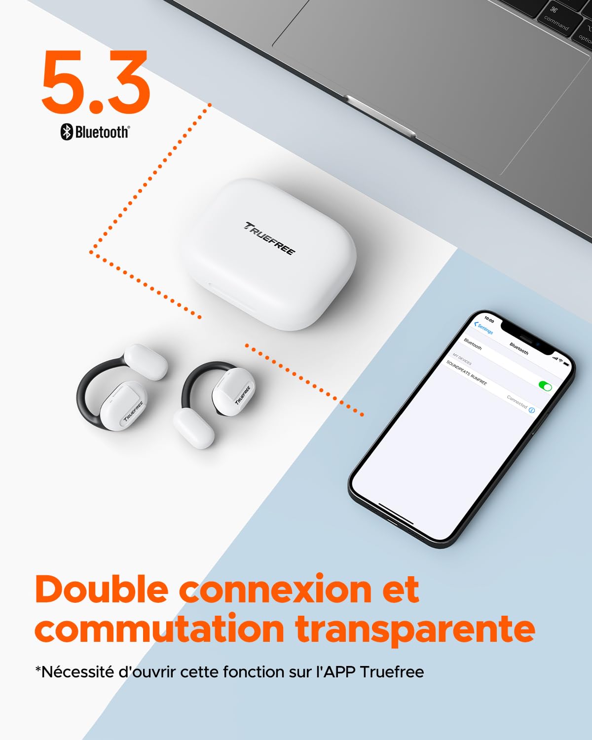 truefree O1 Ecouteurs Bluetooth 5.3 sans Fil Casque Audio avec Haut-parleurs dynamiques de 16,2 mm, Son stéréo immersif, 45h d'Autonomie pour Sport, entraînement (Blanc)