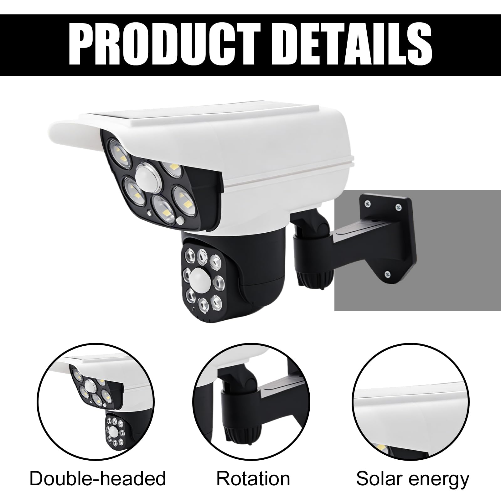 PORFOYO Lot de 2 caméras factices extérieures avec lumière, fausse caméra de surveillance solaire, rotative à 360°, avec télécommande, fausse caméra de sécurité CCTV pour extérieur