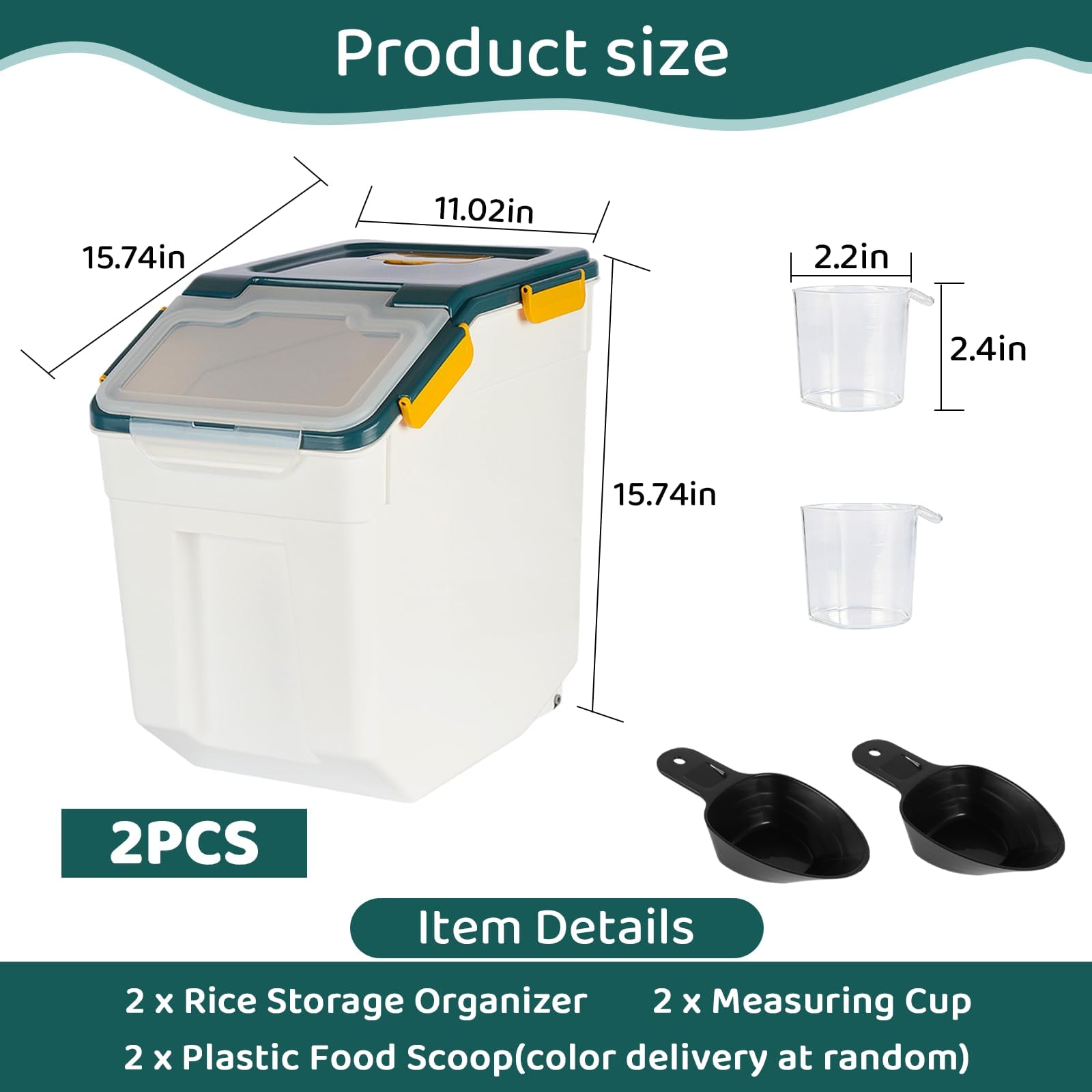 Set di 2 contenitori ermetici per farina da 20 kg con coperchio di chiusura, grande contenitore per riso e farina con ruote e misurino, dispenser per alimenti secchi senza BPA per cucina e