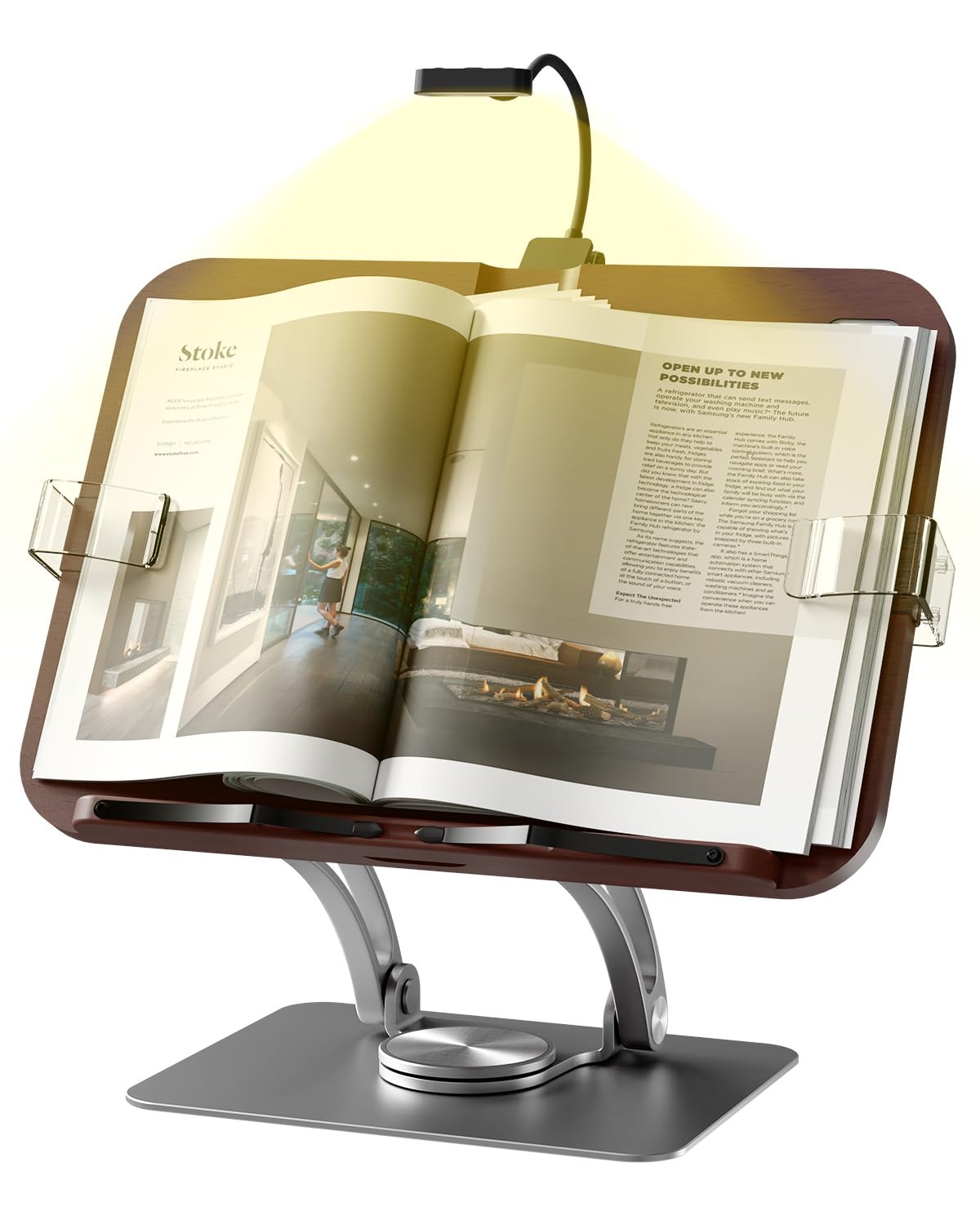 Buchständer mit Licht, aktualisierter verstellbarer Buchhalter mit 360° drehbarem Sockel, faltbarer Kochbuchständer, Rezeptbuch für Noten, Laptop, Rezept, Lehrbuch, Buchhalter