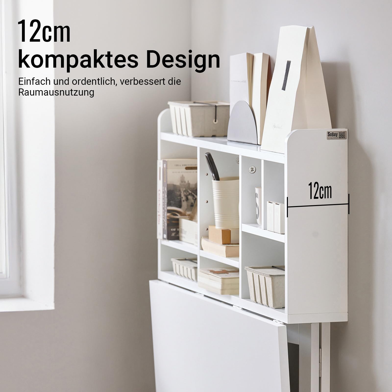 SoBuy Wandklapptisch mit Regal, klappbarer Schreibtisch Küchentisch klappbar, platzsparender Esstisch Wandtisch für Homeoffice, Wohnzimmer und kleine Räume, Weiß BHT ca. 90x78x60cm FWT07-II-W