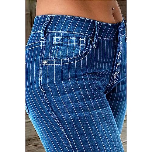 Andongnywell Women's Striped Bell Bottom Jeans Boho Comfy Stretchy Flare Pants Classic High Waist Flared Denim Jean3