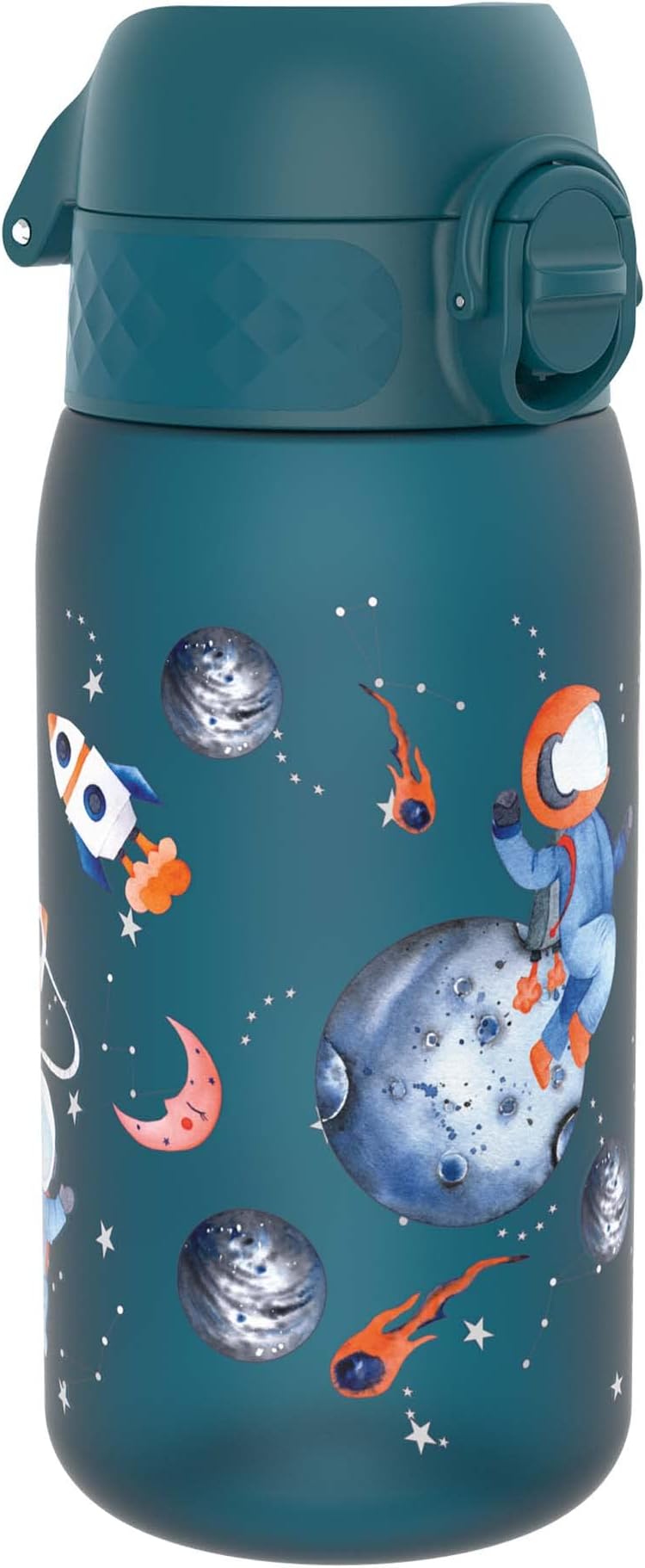 Small Water Bottle, 350 ml/12 oz, Leak Proof, Easy to Open, Secure Lock, Dishwasher Safe, BPA Free, Carry Handle, Flip Cover, Easy Clean, Odor Free, Carbon Neutral, Deep Teal, Space Travel Design