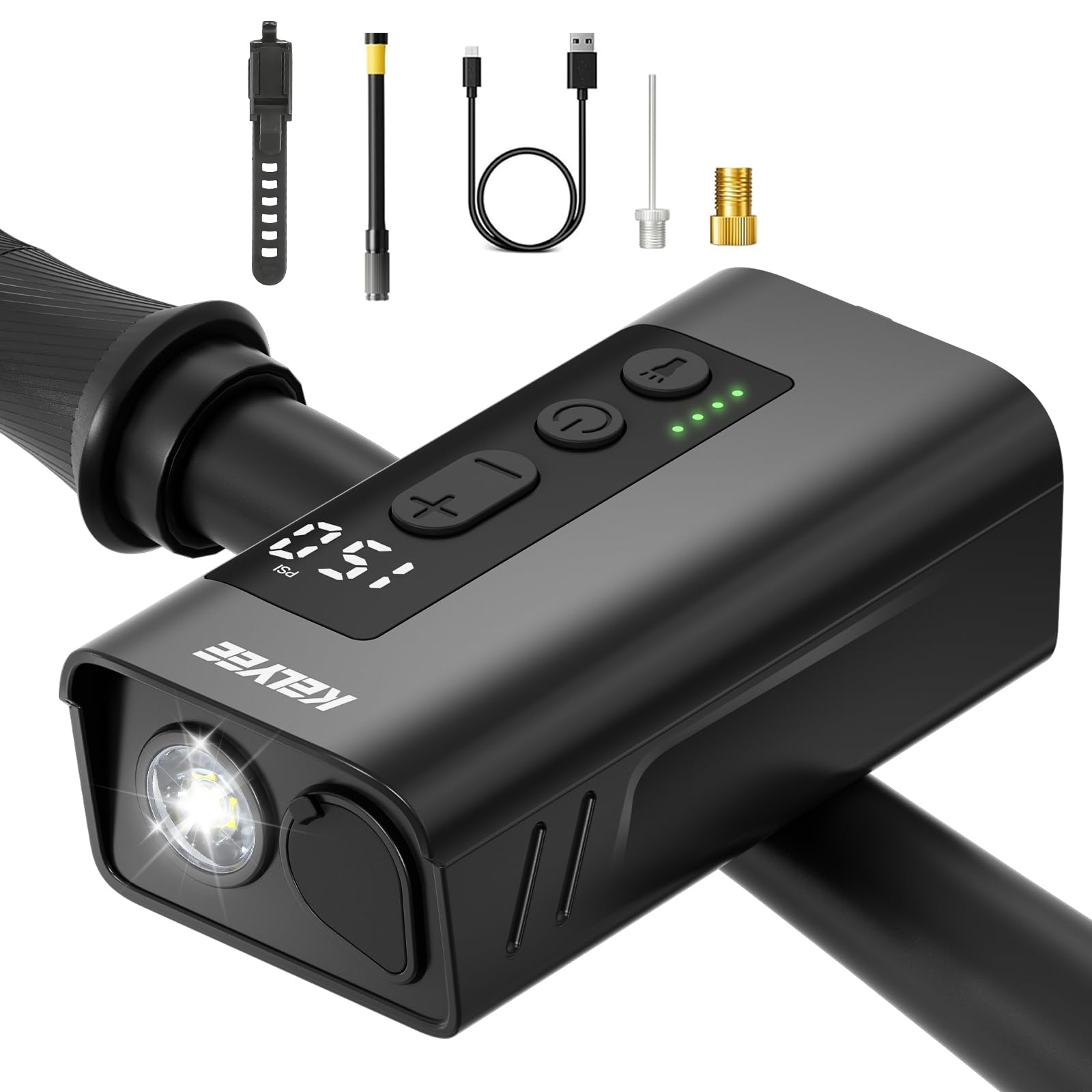 Photo 1 of 2-in-1 Mini Electric Bike Pump with LED Headlight, 150 PSI Portable Tire Inflator with Digital Gauge, Auto Shut Off, 2000mAh Type-C Rechargeable Air Pump for Bike, E-Bike, Car & Balls, Travel Gift
