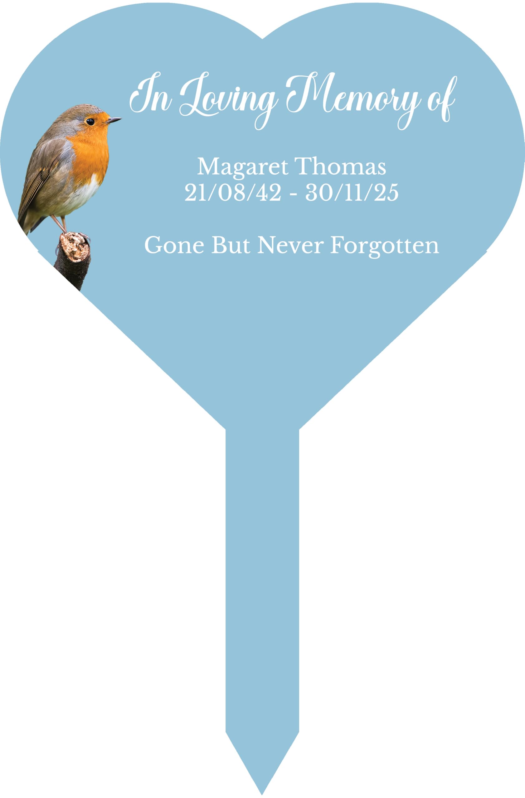 1stclassgifts Personalised Robin Heart Stake Spike Marker Tree Marker Garden Sign In Loving Memory (UV PRINTED) (Baby Blue)