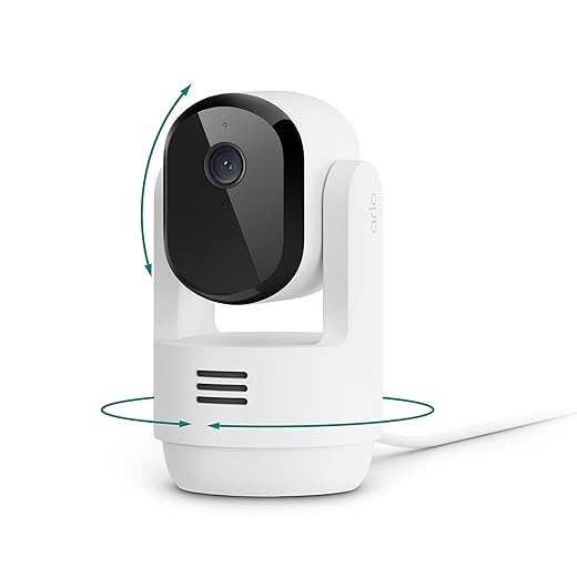 Arlo Essential Indoor Pan Tilt Security Camera 2K (2025 Release) - Wired Plug-in Power, Person Recognition, Animal Detection, Animated Preview, 1-Month Secure Plan, Auto Motion Tracking, 1 Cam, White