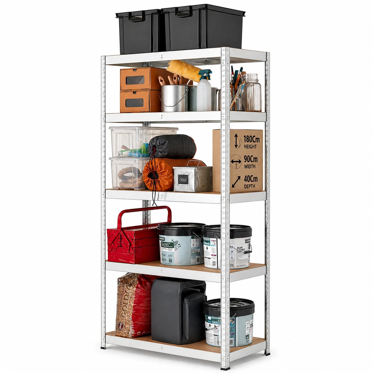 Heavy Duty Garage Shelving Unit 180 x 90 x 40 cm – 875kg Total Capacity, 175kg per Shelf, Adjustable 5 Tier Storage Rack with 4mm MDF Shelves, Wide 5cm Steel Frame, Boltless Assembly for Garage, Shed