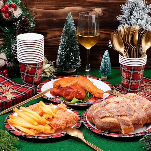 Nitial 240 Pcs Christmas Paper Plates and Napkins Serve 30 Guests Christmas Party Supplies Disposable Xmas Tableware Set Plates Napkins Cups with Knife Fork Spoon(Red,Plaid Style) – Image 5