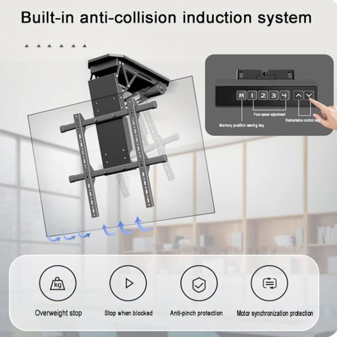 Soporte eléctrico para colgar TV, montaje abatible motorizado, operación de control múltiple, inclinación de 0-85°, se adapta a televisores de 50-90 pulgadas con estándar VESA de 250-600 mm