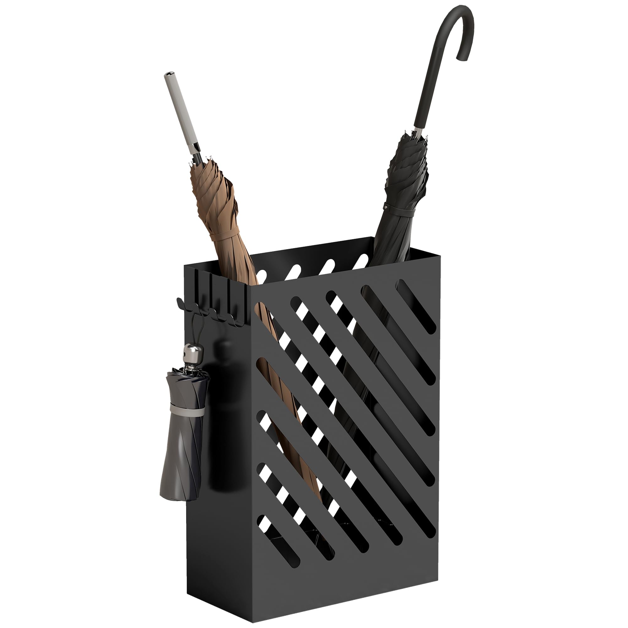 HOMCOM Portaombrelli in Acciaio Zincato da Interno 28x14x41cm Nero | Porta Ombrelli con 4 Gancetti, Vaschetta Scolapioggia Rimovibile, Design Moderno con Intaglio, per Ingresso Ufficio Corridoio