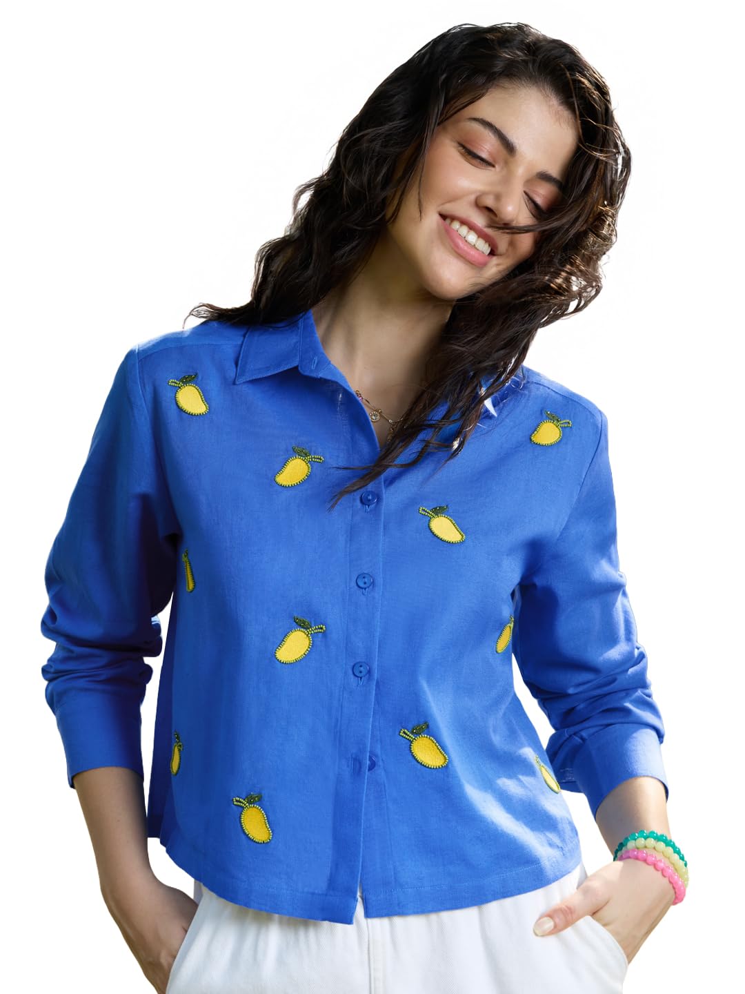 the souled store Cotton Linen: Mango Love Women and Girls Full Length Sleeves Spread Collar Blue Embroidered Cotton Linen Relaxed Fit Breathable Lightweight Everyday All-Season Shirt-picture-10