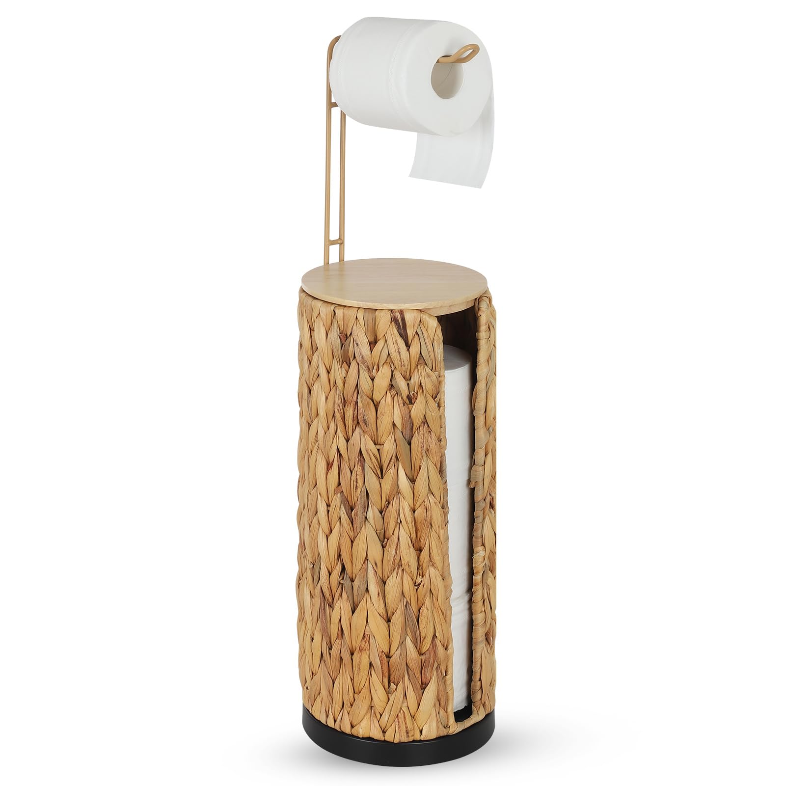 Portarrollos de Papel Higiénico de Pie con Estante, Porta Rollos de Papel Inodoro de Pie, Soporte de Papel Higiénico Boho de Ratán, Portarrollo de Papel Higiénico de Jacinto de Agua para 4 Rollos