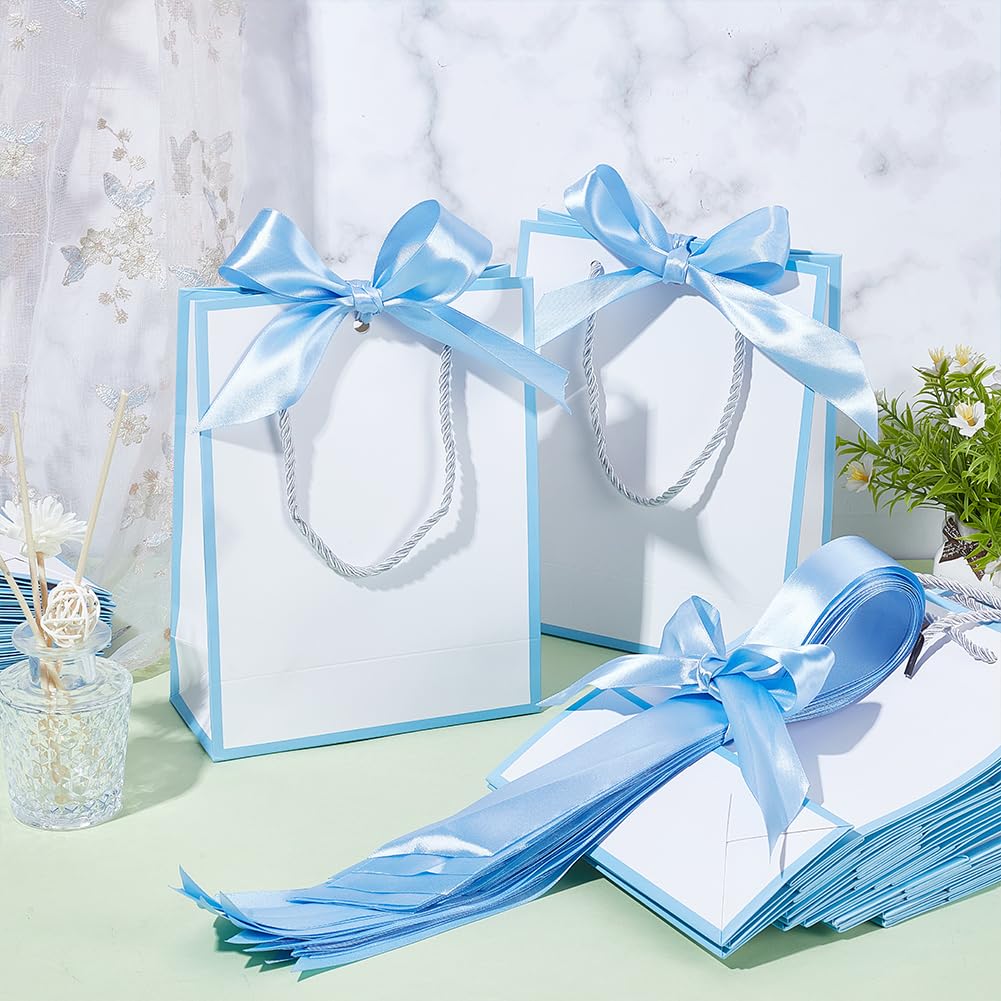 GOMAKERER 24 Stück Dankeschön Tüte Mit Henkel, 8.3x17.8x23cm Willkommensgeschenktasche Mit Schleife Himmelblaue Papiergeschenktüten Für Babypartys Promotionen Geburtstag Hochzeit Gastgeschenke