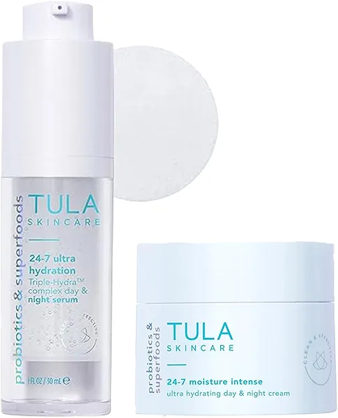 TULA Skin Care 24-7 Moisture Intense Ultra Hydrating Day & Night Cream Travel-Size, 0.5 oz + 24-7 Ultra Hydration Triple Hydra Serum, 1 fl oz, 2 Piece Set