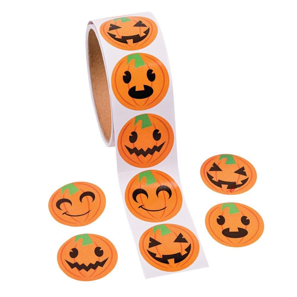 Fun Express Jack-O'-Lantern Face Halloween Roll Stickers | 3-Pack (300 Count) | Great for Decoration and Trick-or-Treating