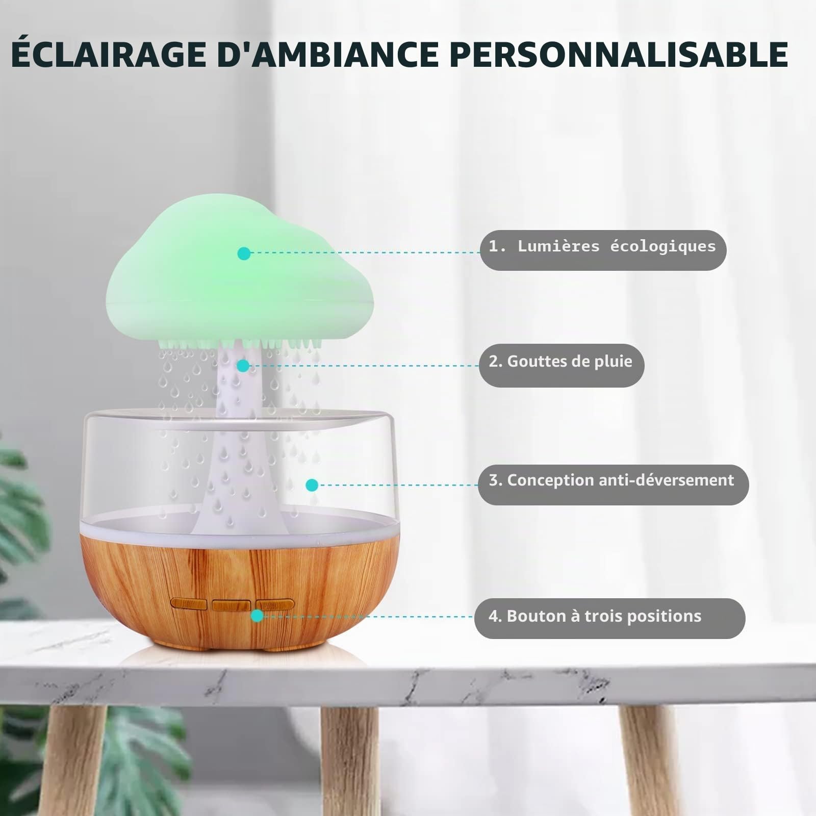 Humidificateur d'air avec Lampe Pluie, Weljoy Rain-Cloud humidificateur avec 7 lumières LED de Couleur, Diffuseur d'huiles essentielles pour Maison, Bureau, Chambre, la Relaxation, Dormir