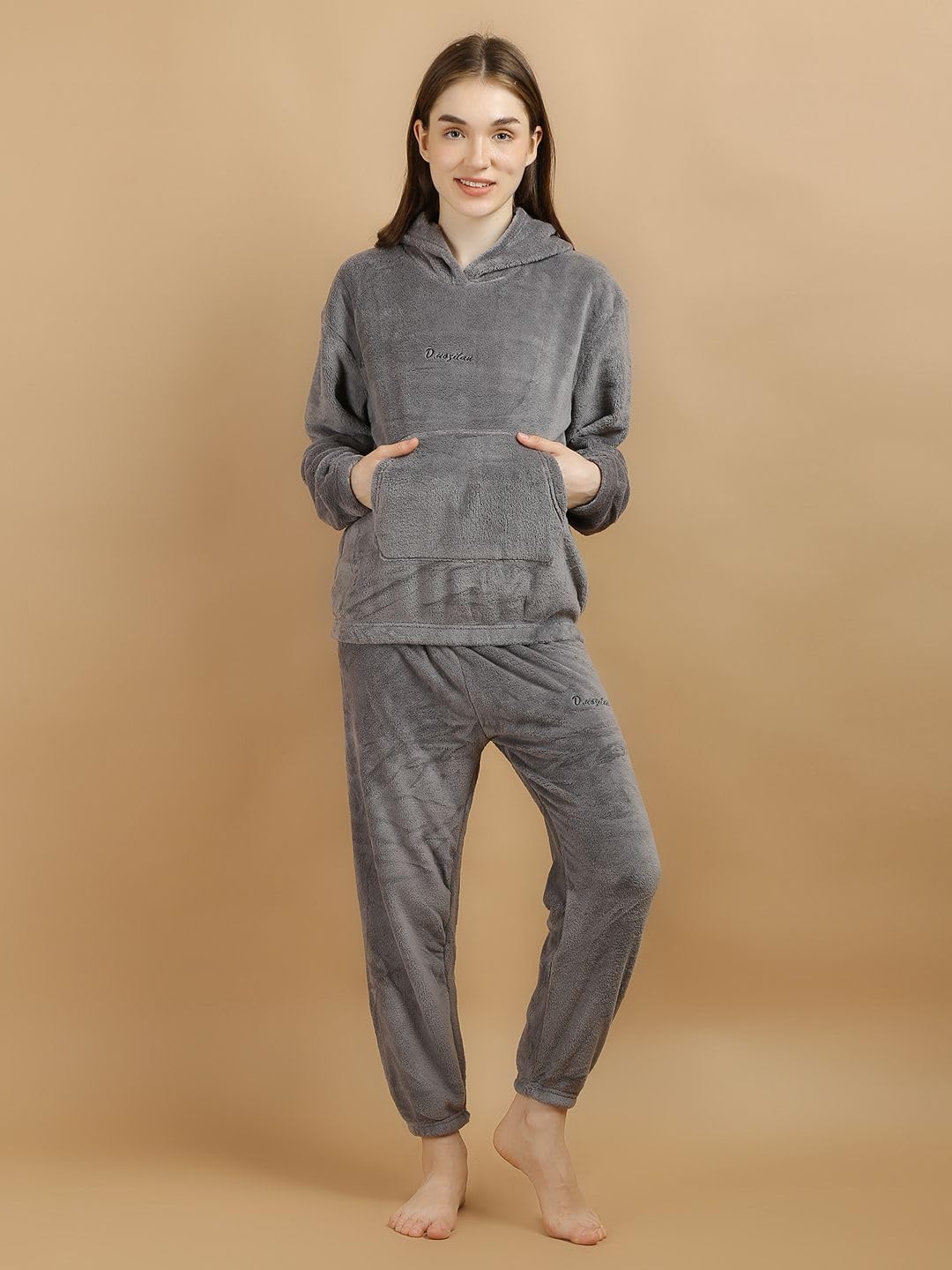 Pocket Friend Women Pajama Set Women's Soft Winter Fleece Nightsuit Set HUD PLN WTR N.Suit D.Grey L-image-8