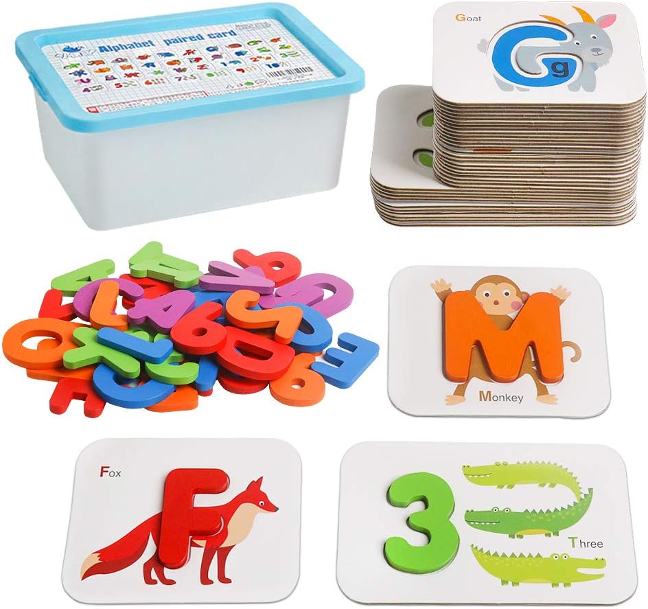 JCREN Alphabets and Numbers Flash Cards Toys - Wooden ABC Letters Numbers Animal Matching Puzzle Game Montessori Toy for Kids Preschool Educational Toddlers Learning Activities Ages 2-8 Years