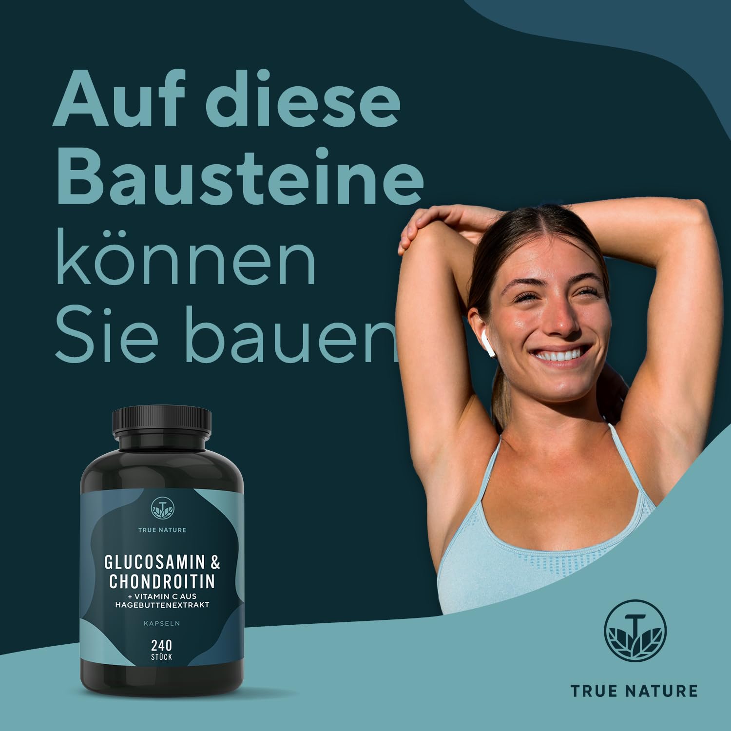 Glucosamin Chondroitin hochdosiert - 240 Kapseln mit 2600mg Glucosamin & Chondroitin pro Tag - mit Vitamin C (trägt zur normalen Kollagenbildung bei) - Pharmazeutische Qualität - TRUE NATURE