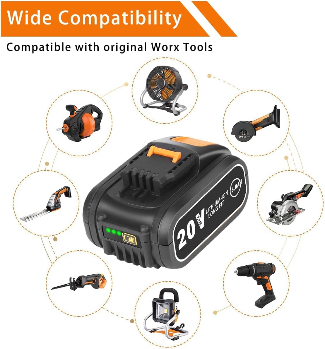 2 confezioni di batterie di ricambio da 5,0 Ah per Worx 20 V WA3553 agli ioni di litio, ricambio per Worx 20 V WA3551 W3553 WA3572 WX390 WX176 WX178 WU268 WX166.4 WX372.1 WX800 WG2 5 9E