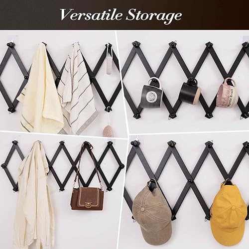 Miniatura 3 de Percha de pared de acordeón con 16 ganchos, perchero expandible de pared de madera para abrigos, sombreros, gorras de béisbol, taza de café, joyas