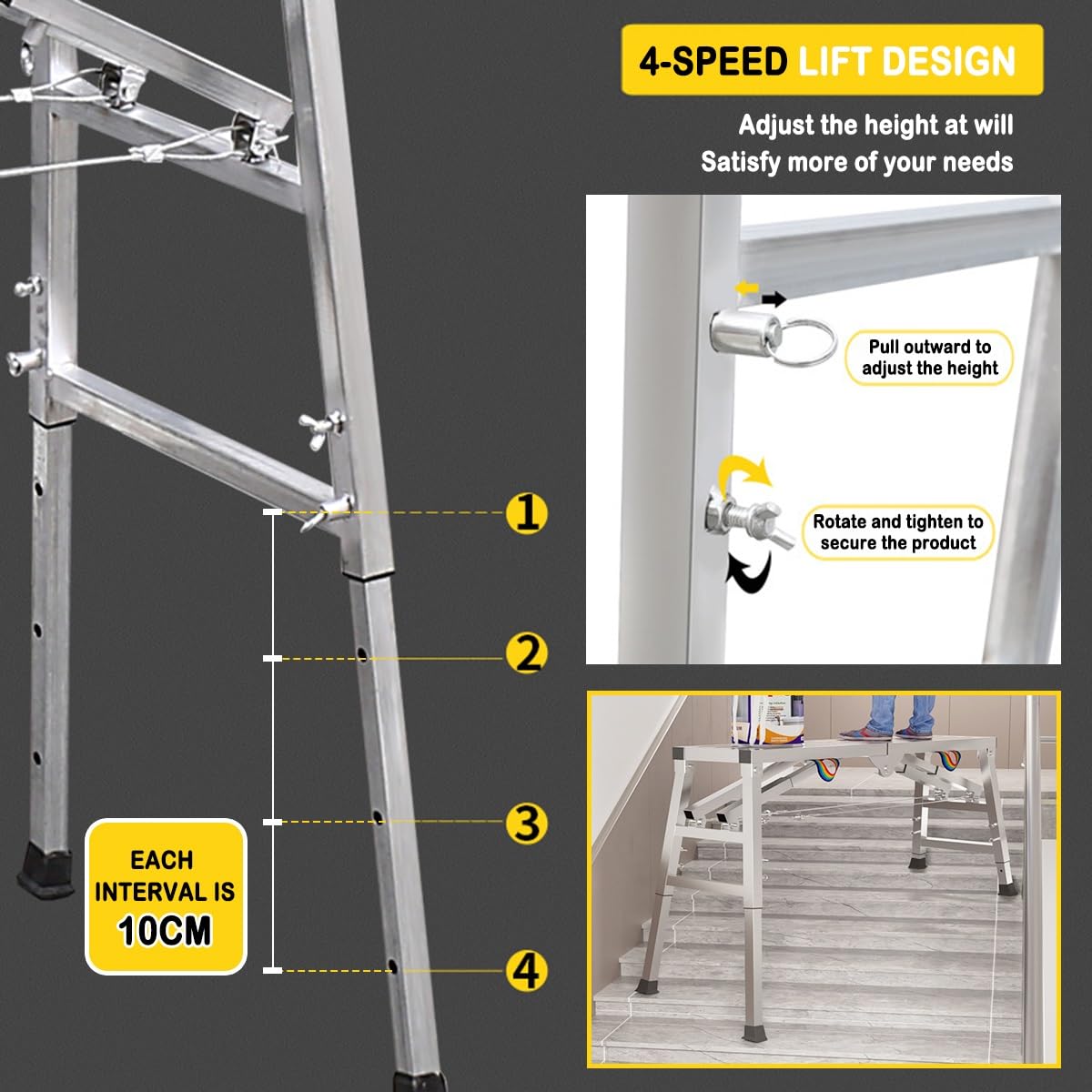 Plataforma de andamio Ajustable con trampilla - Capacidad de Carga de 880 Libras - Plataforma de Trabajo Multifuncional - Escalera Plegable portátil de Acero galvanizado para Limpieza y trab