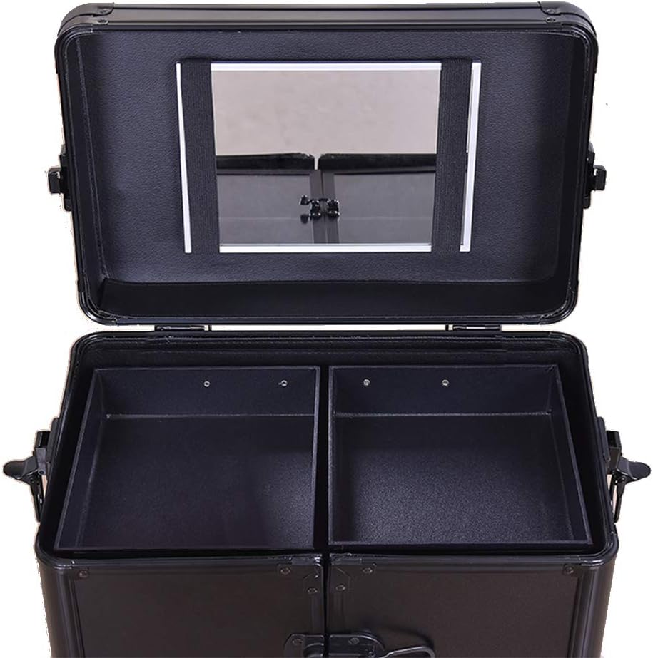 Cosmetic Case Large with Caster Double Open with Mirror Vanity case Nail Beauty Multi-Layer Storage Box (Black)