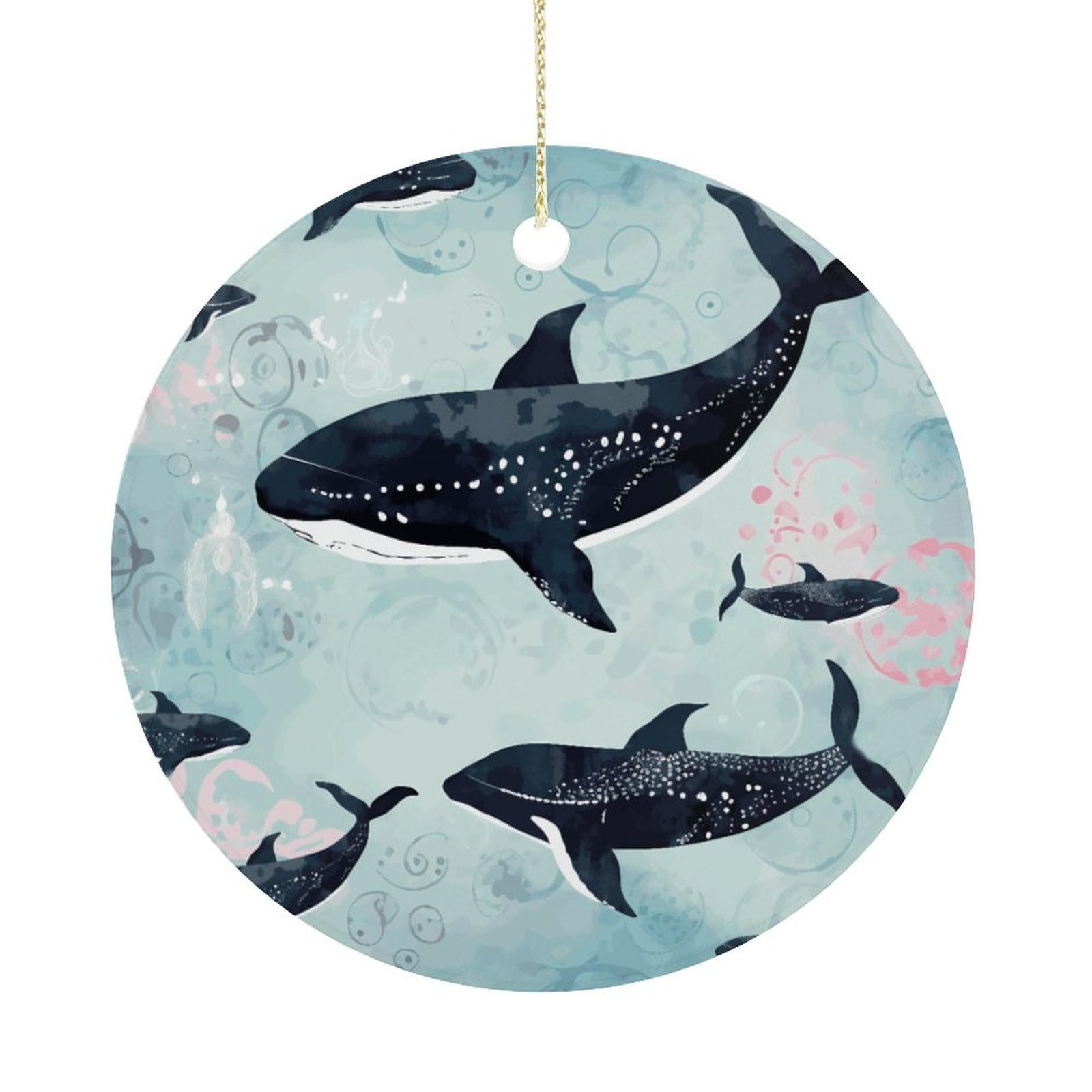 Whale Christmas Ornament,Round Ceramic Ornaments Personalized Christmas Tree Ornament for Holiday Porcelain Keepsake Gifts Ideas Home Decor